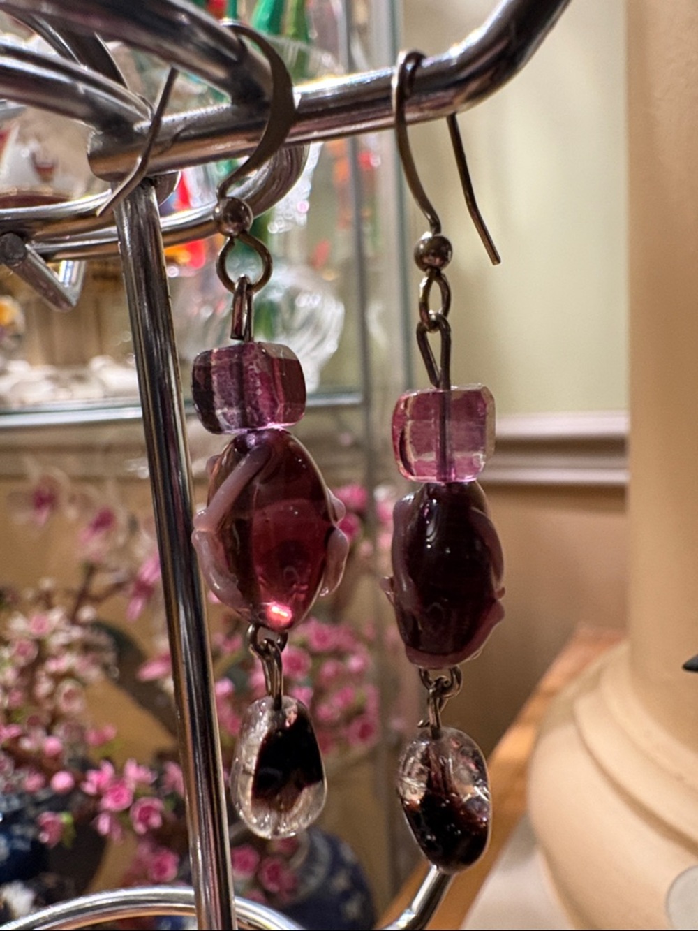 3/45.00$ Handmade Purple Murano Glass Bead Drop Earrings #004